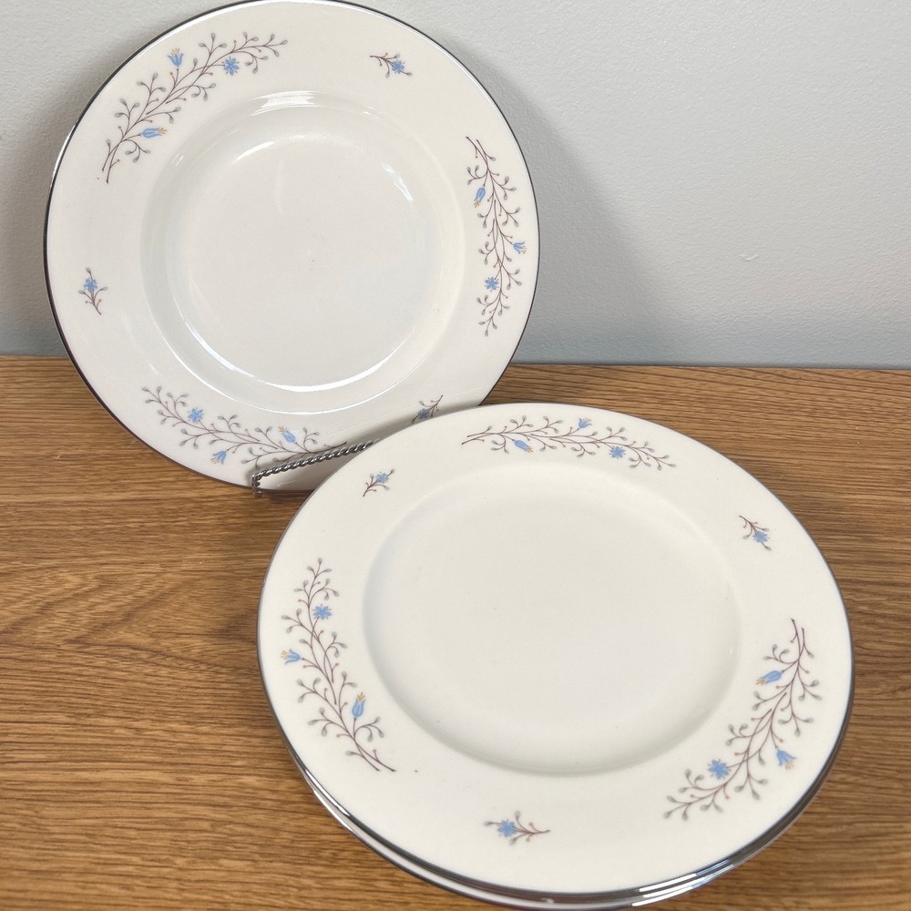Syracuse China Inspiration Blue Floral Silver Rim Bread Butter Plates Set of 4